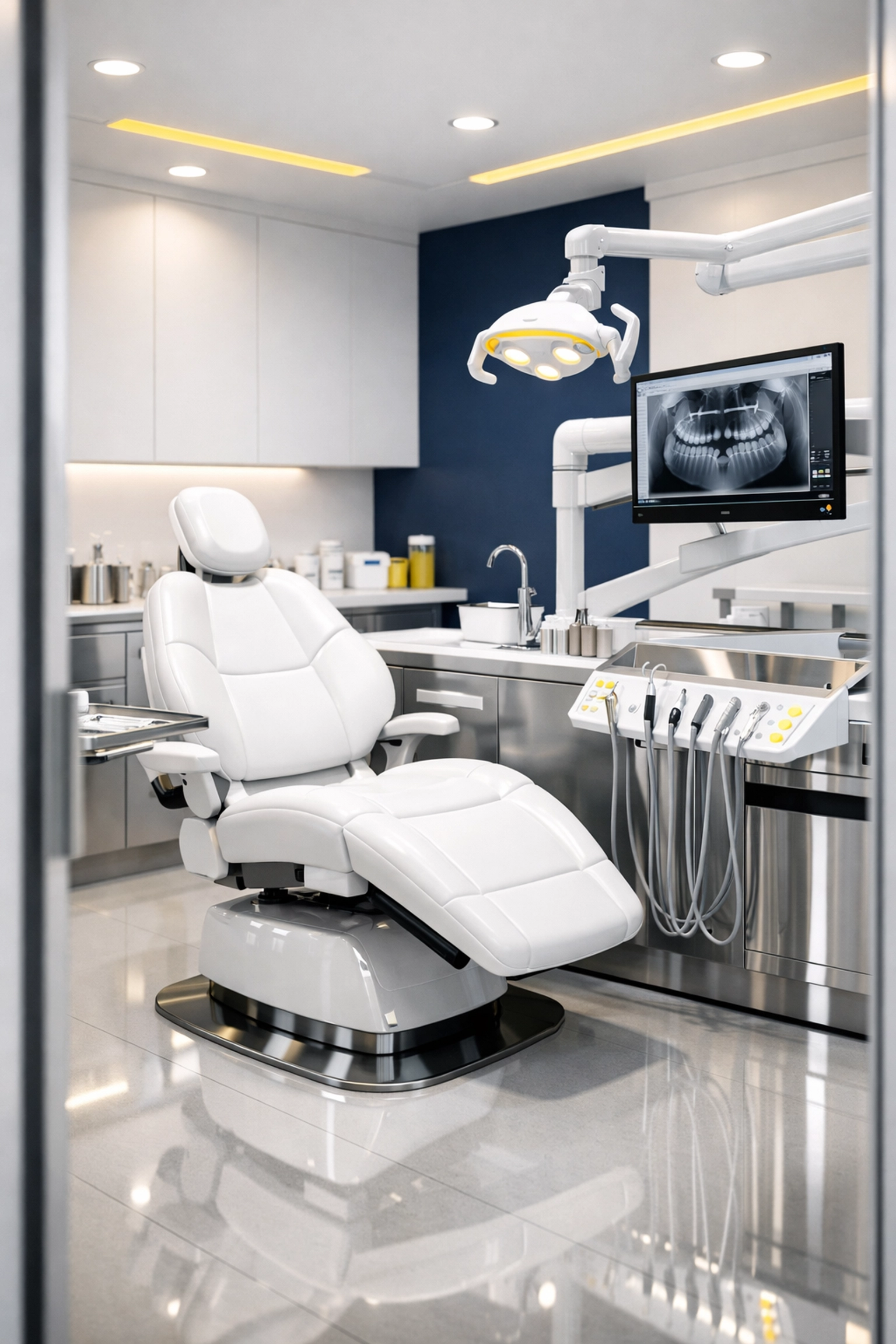 Sterile dental operatory room with clean surfaces, meeting high medical hygiene standards.