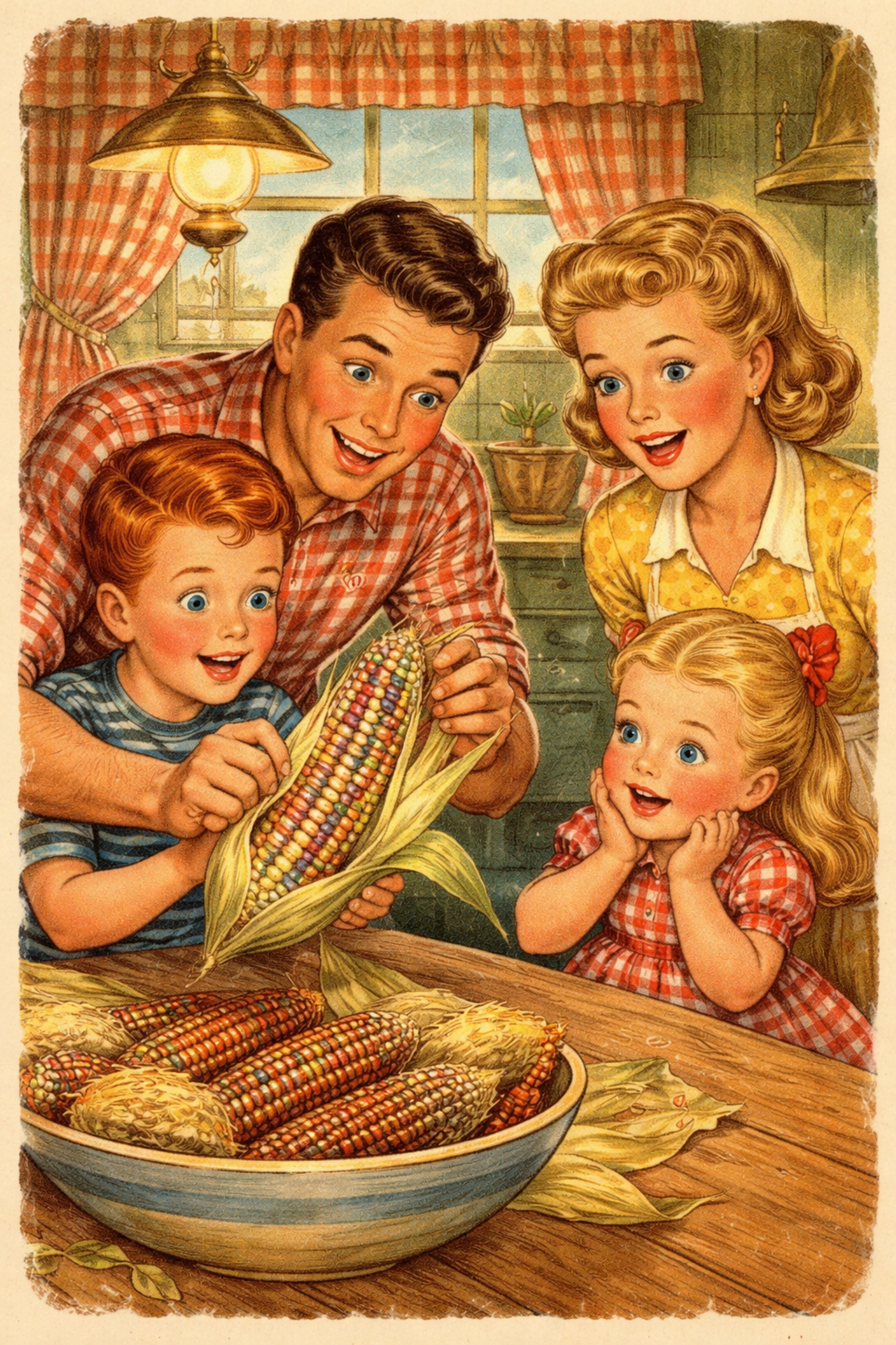 Family at kitchen table admiring colorful Glass Gem corn after harvest, showing delight and wonder