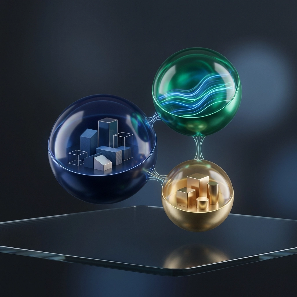 Visual representing portfolio diversification with spheres symbolizing income, growth, and risk management strategies.