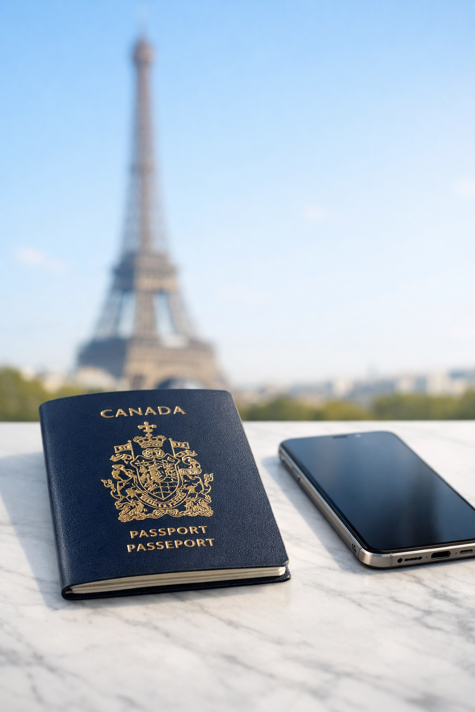 Canadian passport and smartphone with blurred Eiffel Tower, ready for European travel.