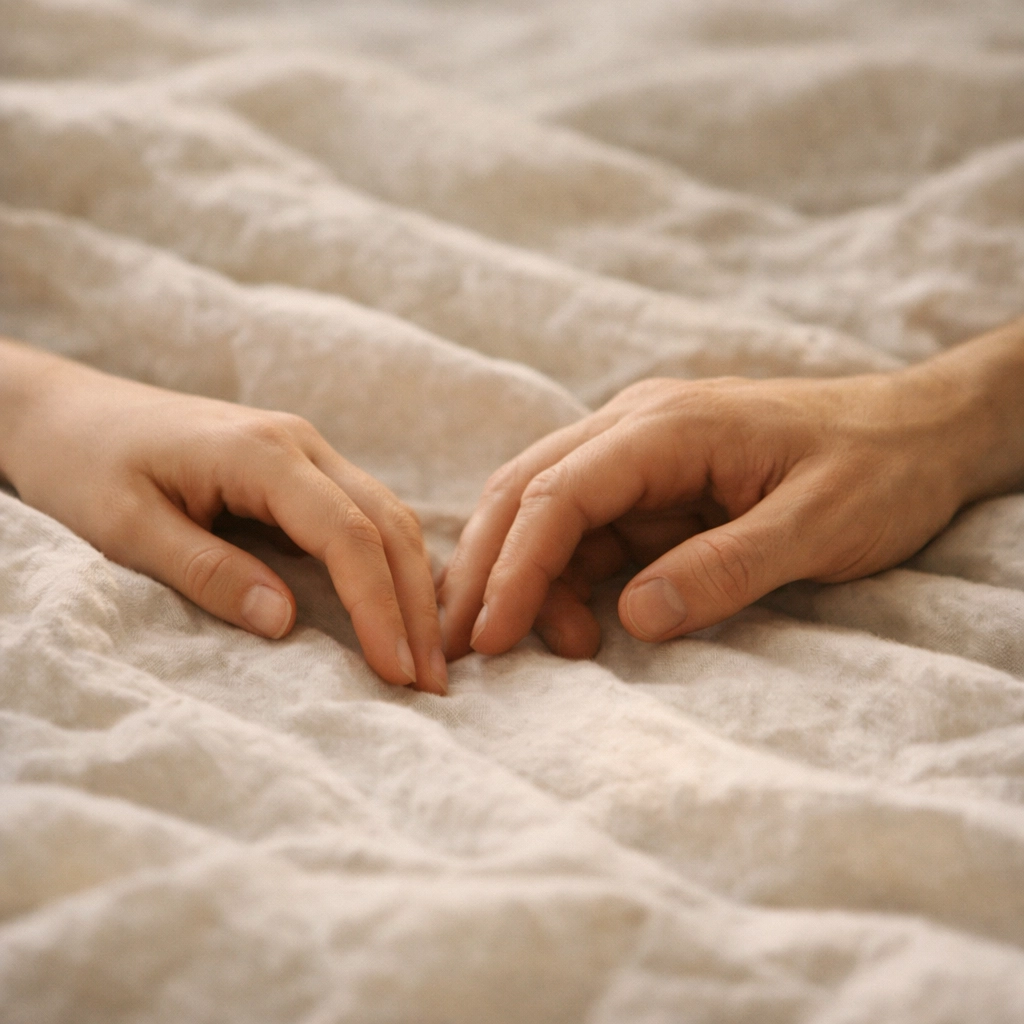 Két kéz az ágyon, a párkapcsolati intimitás és a szexuális magabiztosság helyreállítása.