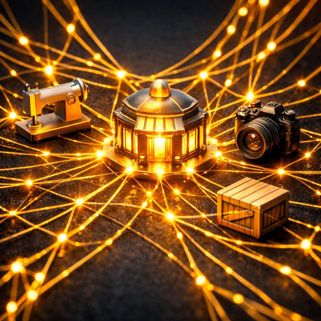 A connected web of creative business icons showing how founders plug into a centralized ecosystem hub.