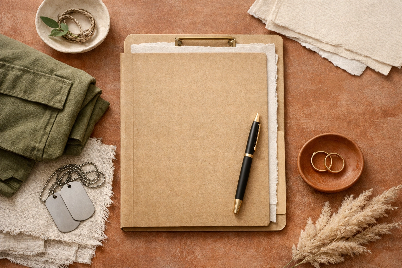 Military divorce at Quantico paperwork and unbranded service items on a warm terracotta, sage, and cream desk in a Business Boho style.
