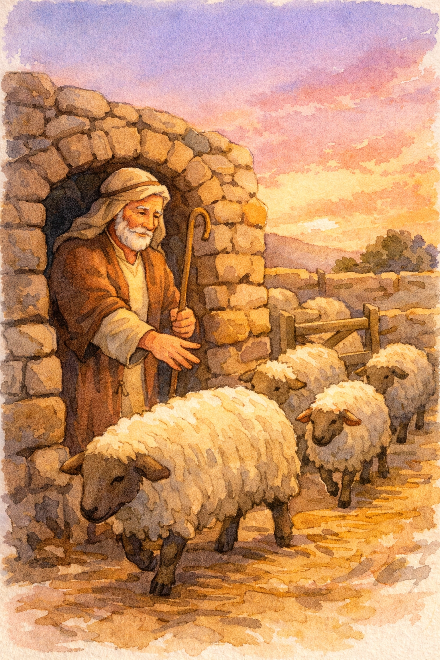 Shepherd counting sheep entering the fold at evening, illustrating Luke 15:4 parable