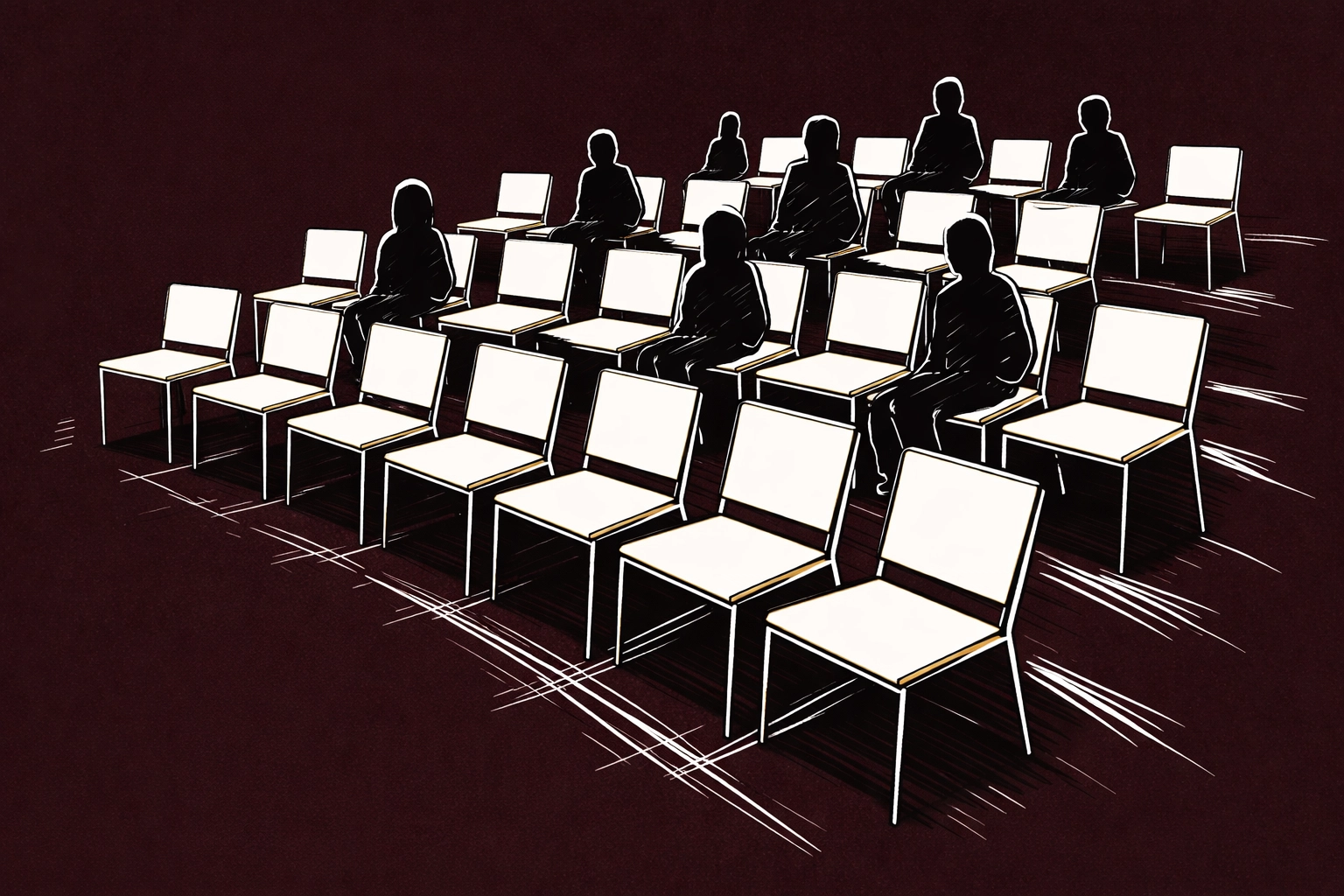 Illustration of twenty minimalist chairs, some occupied, emphasizing scarcity and urgency for limited premium brand seats.