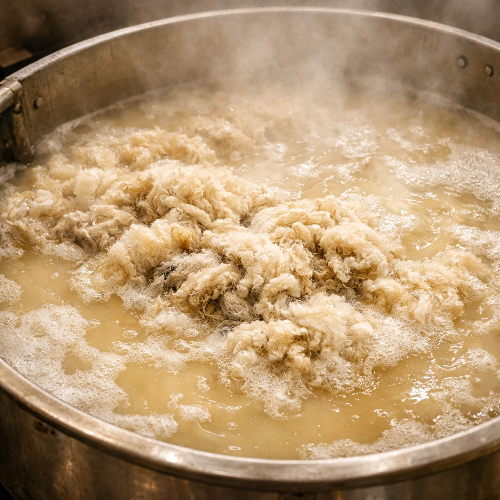 Wool scouring process in hot soapy water extracting lanolin for skincare products