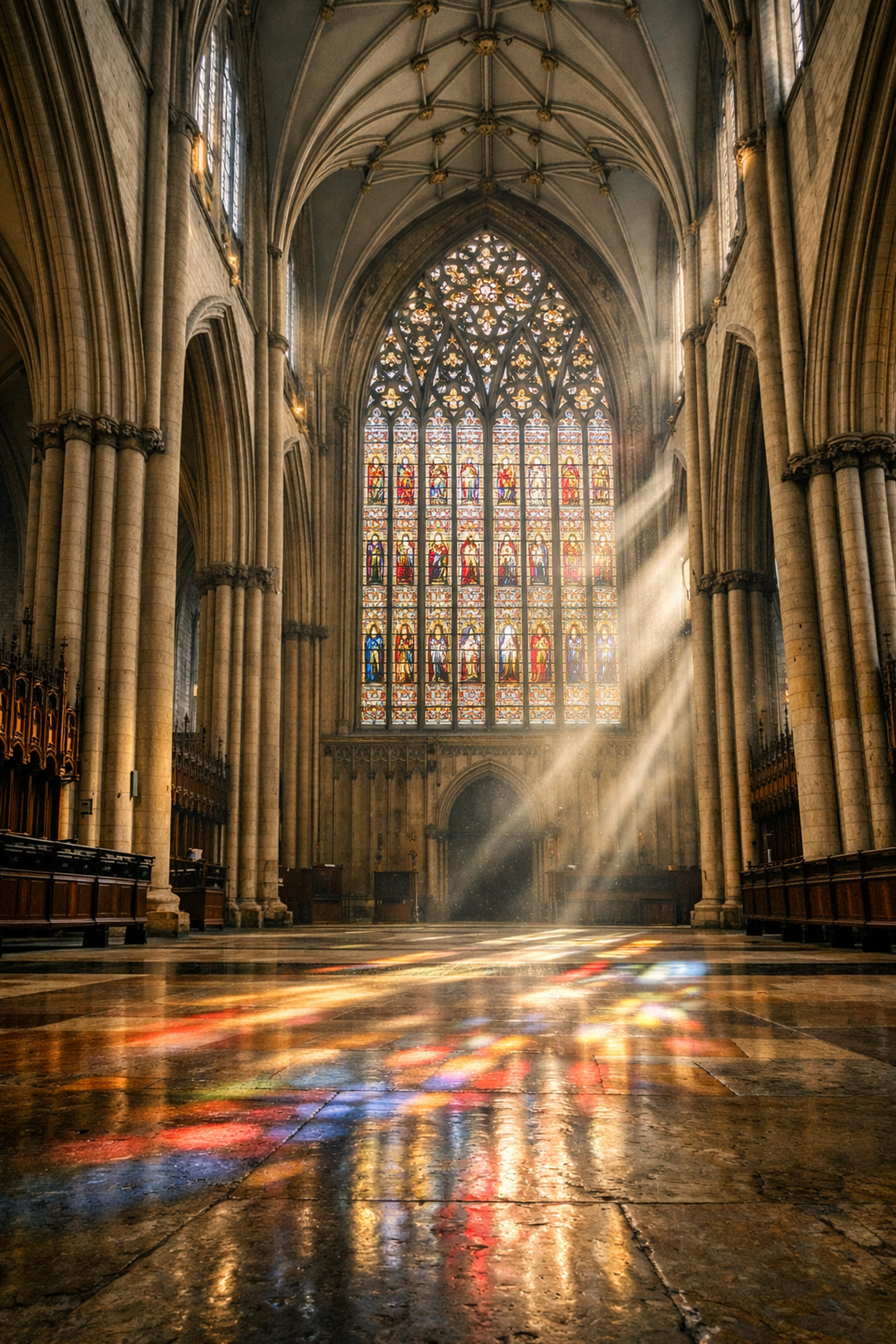 York Minster cathedral interior with Gothic stone pillars and medieval stained glass windows.