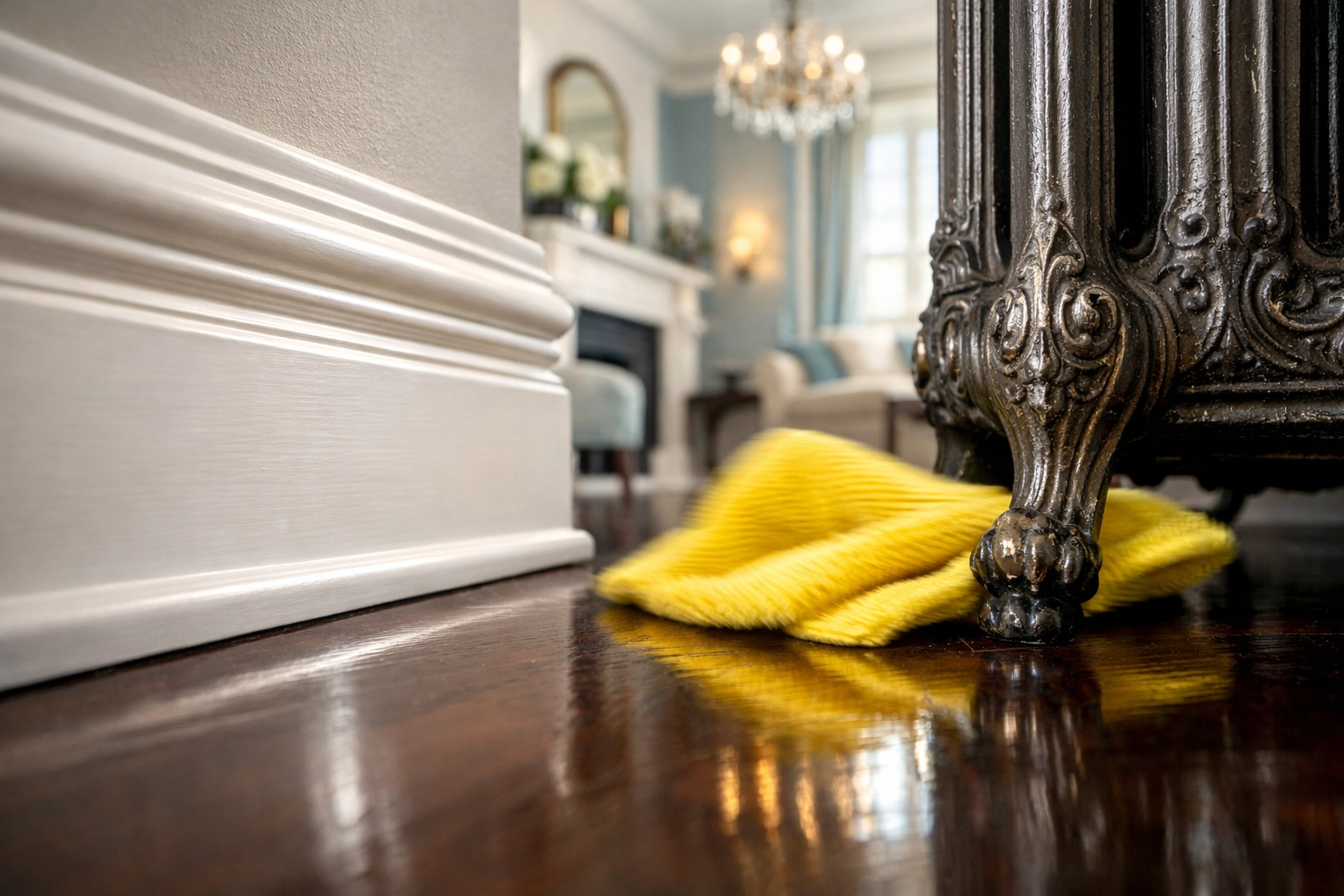 Cleaning white baseboards and radiators with a microfiber cloth for a deep move-in cleaning in Boston.