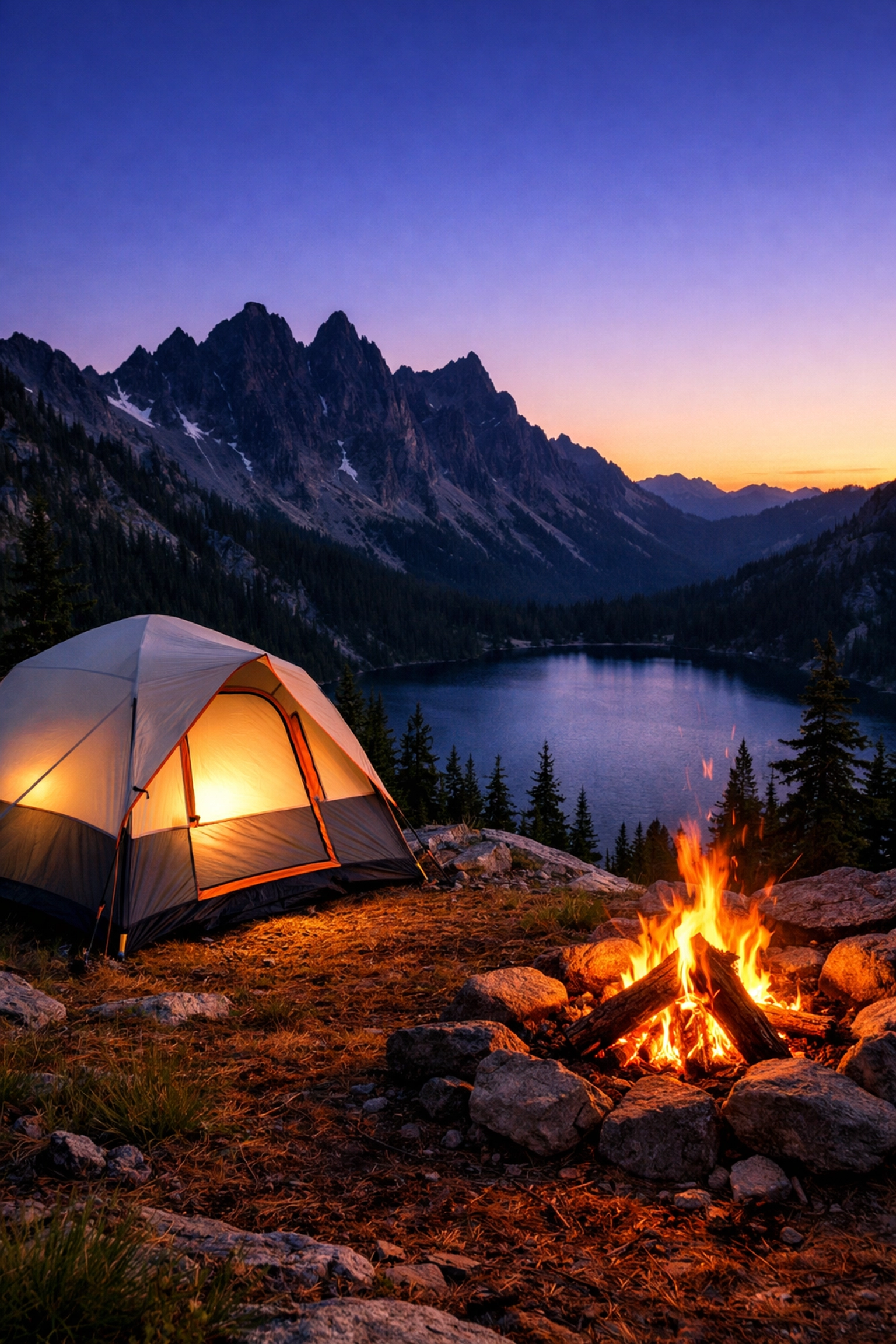 High-end wholesale camping tent illuminated at a mountain campsite at twilight.