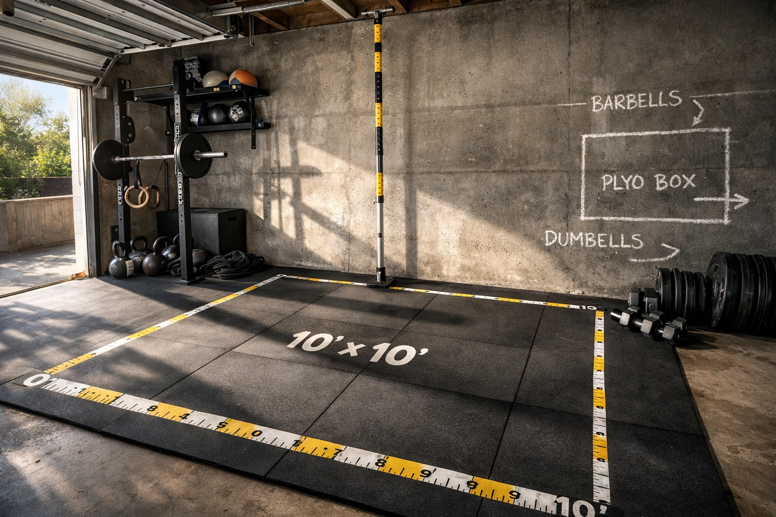 Garage CrossFit home gym space with rubber mat flooring and measurements for proper setup planning