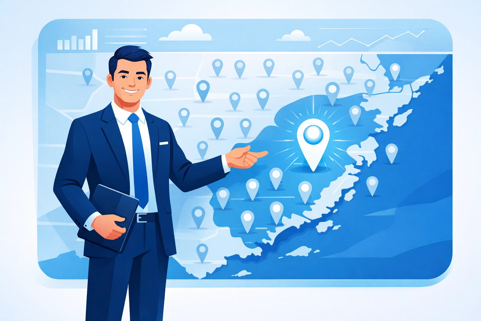 Professional identifying a top business location on a digital map for Monmouth County local SEO services.