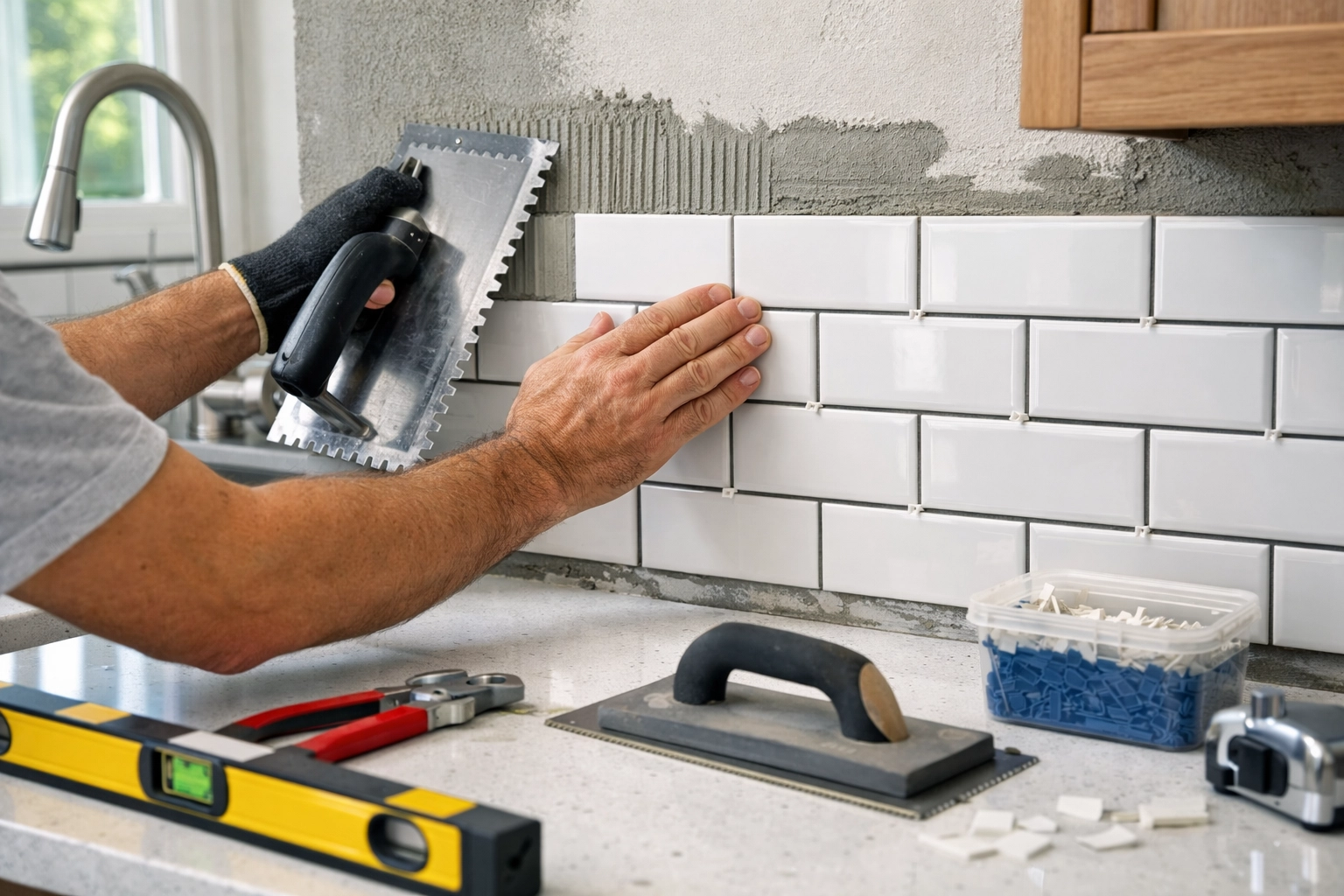 Professional tile installation during Orlando bathroom renovation showing quality craftsmanship