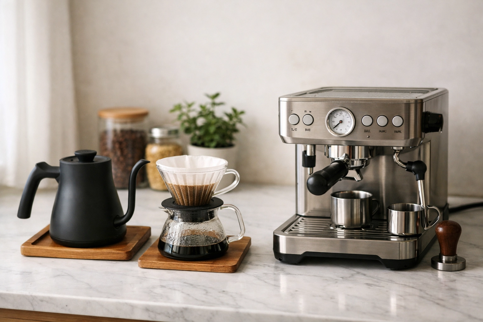 Comparison of home coffee brewing gear including a pour-over dripper and a compact espresso machine.