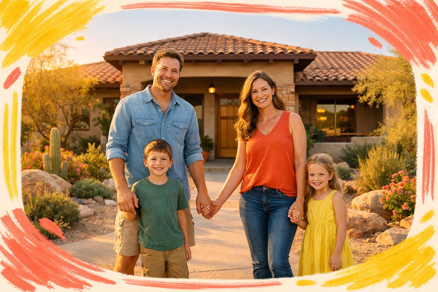 Happy family standing in front of single-story Arizona home after successful home search in Greater Phoenix