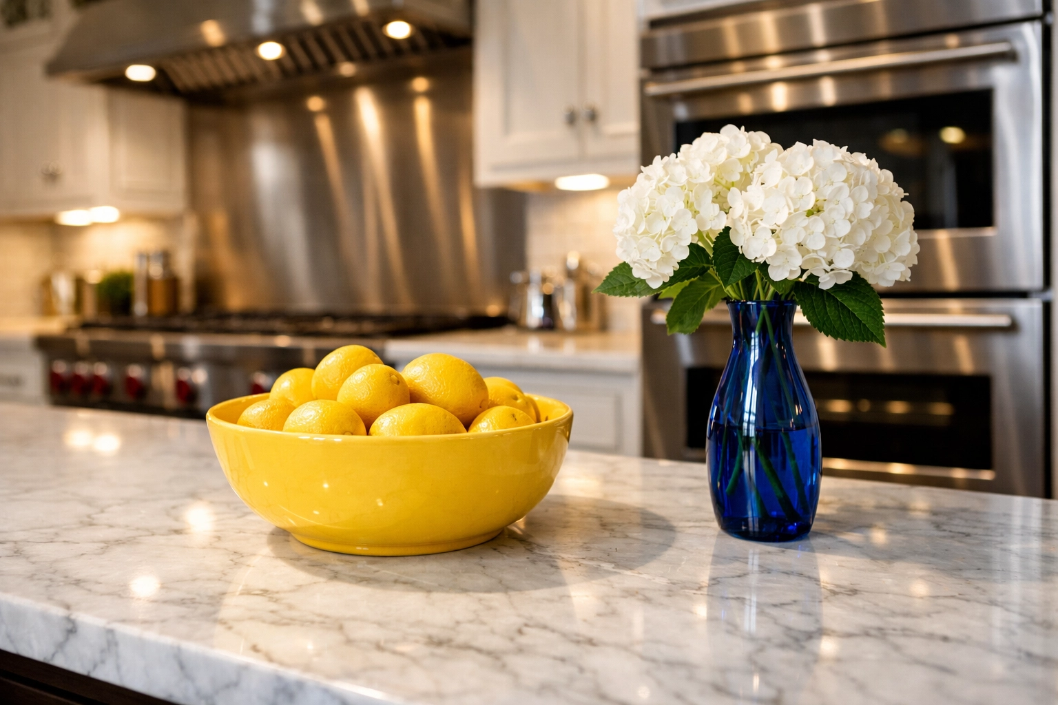 Gleaming marble kitchen island following professional bi weekly house cleaning in a Southborough home.