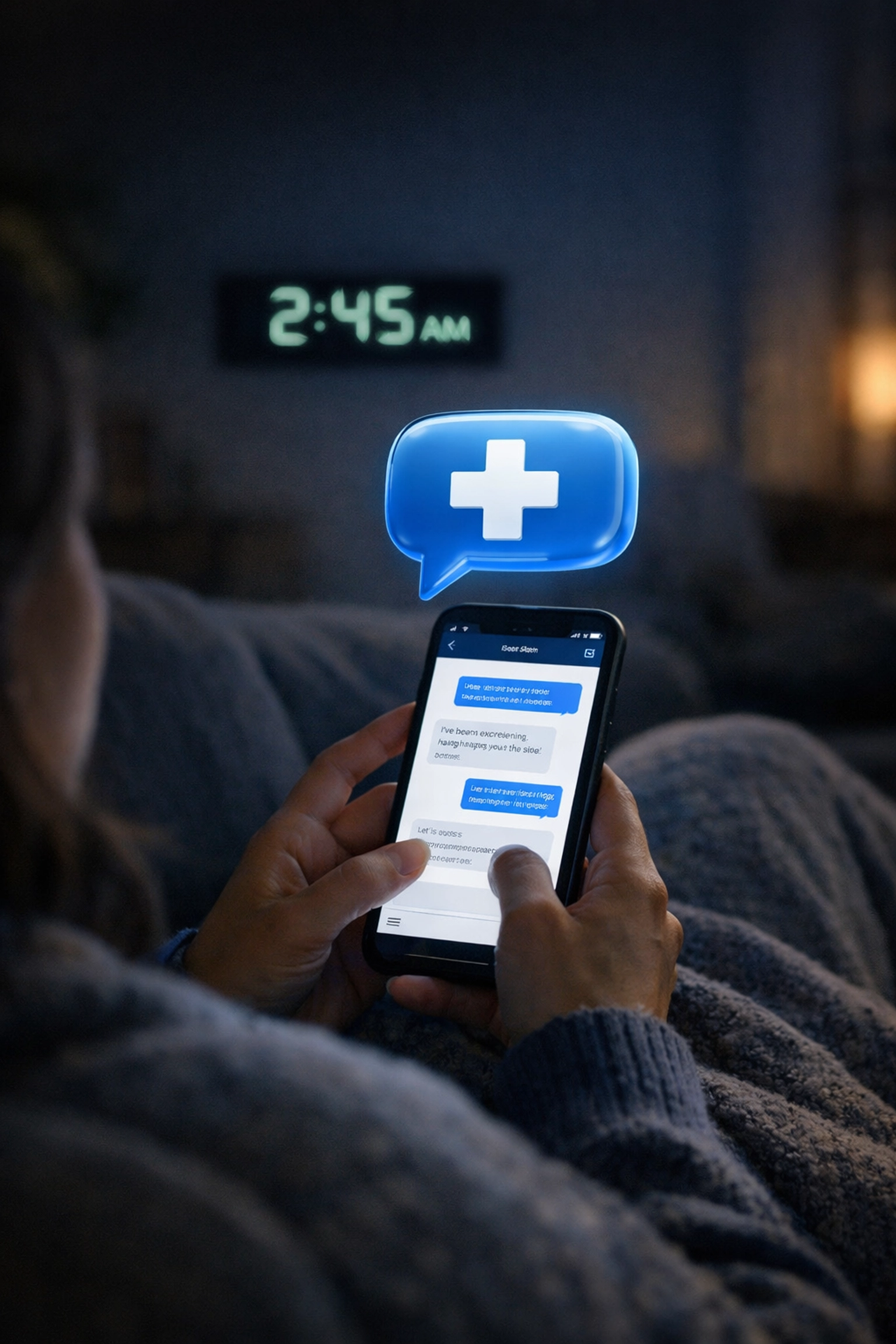 Secure medical messaging with a 24/7 online doctor on a smartphone during late-night urgent care.