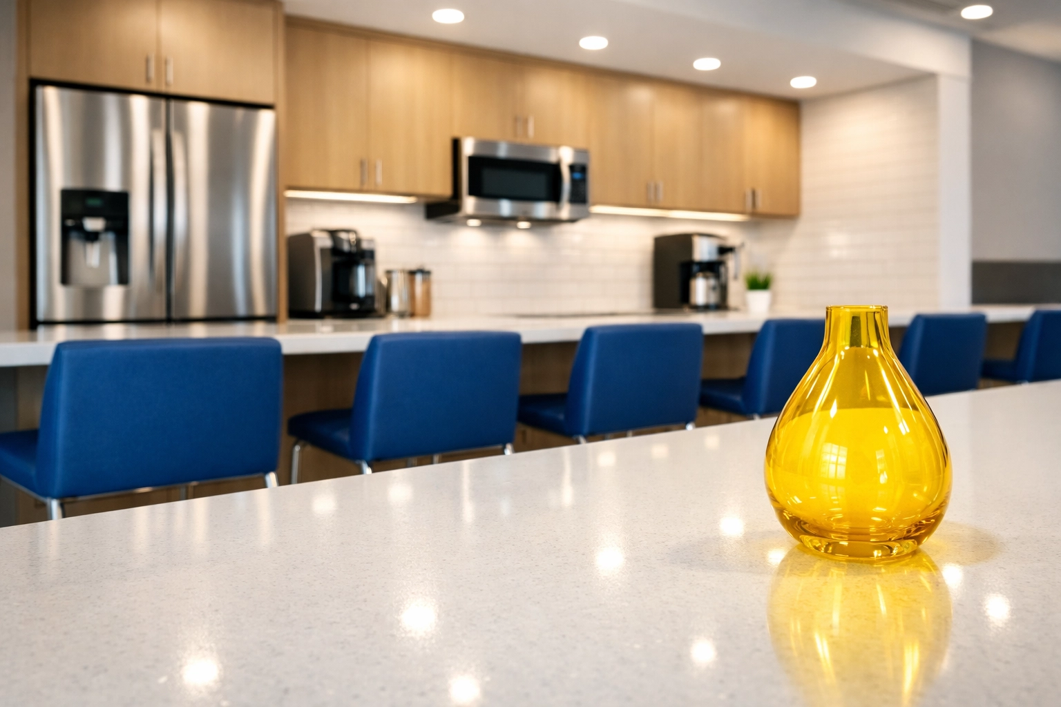 Clean modern office breakroom with sanitized countertops highlighting expert office cleaning services.