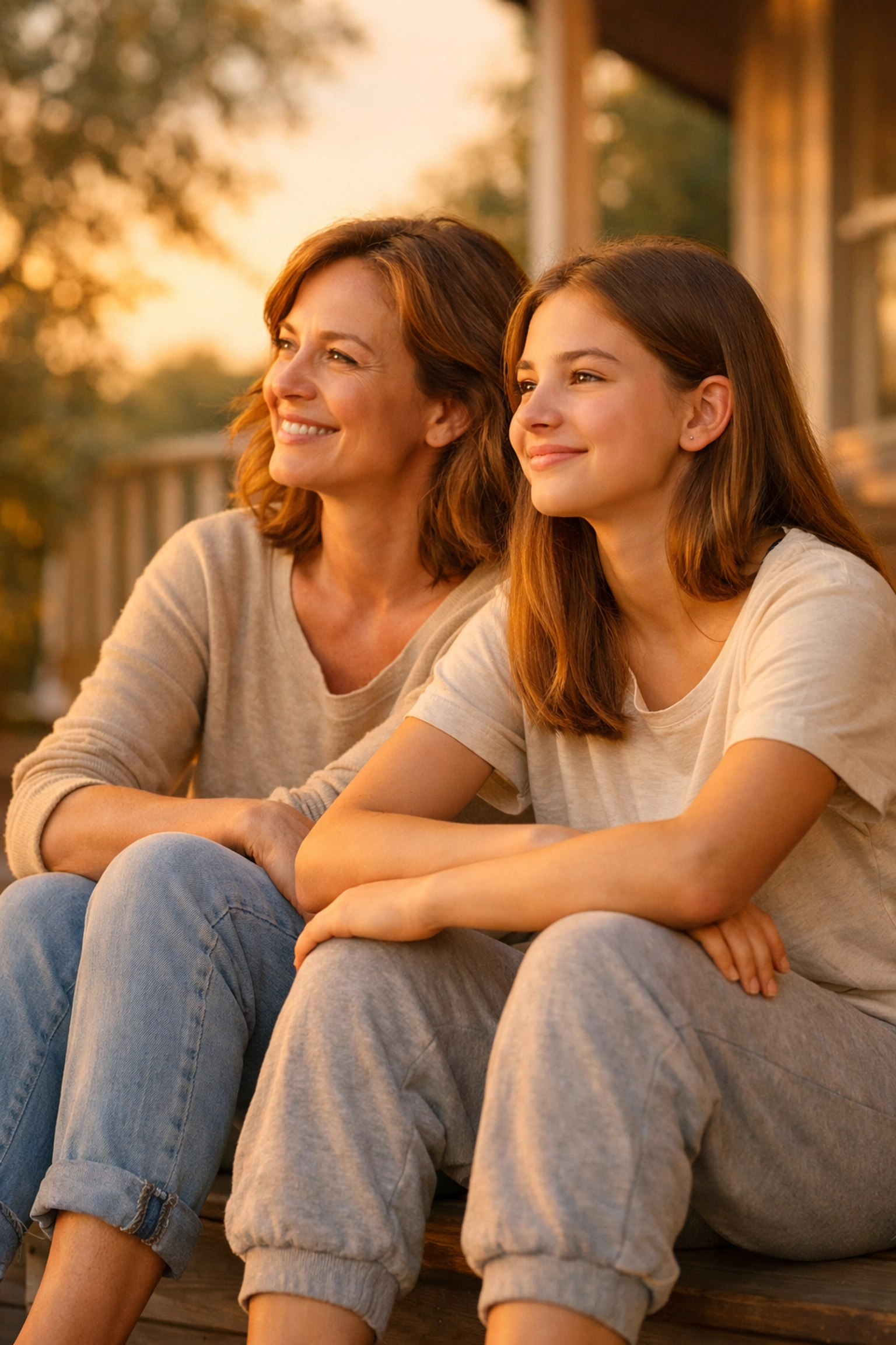 Mother and daughter sitting together looking forward representing supportive parenting