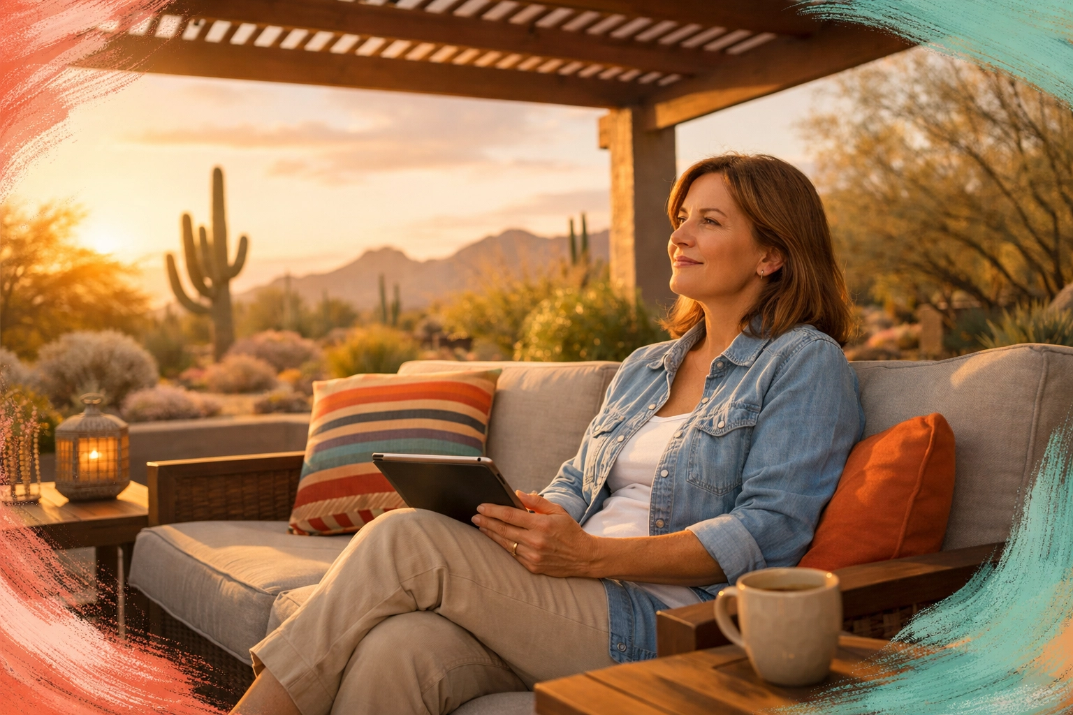 Arizona homebuyer relaxing on patio with tablet, browsing homes at their own pace Arizona homebuyer relaxing on patio with tablet, browsing homes at their own pace