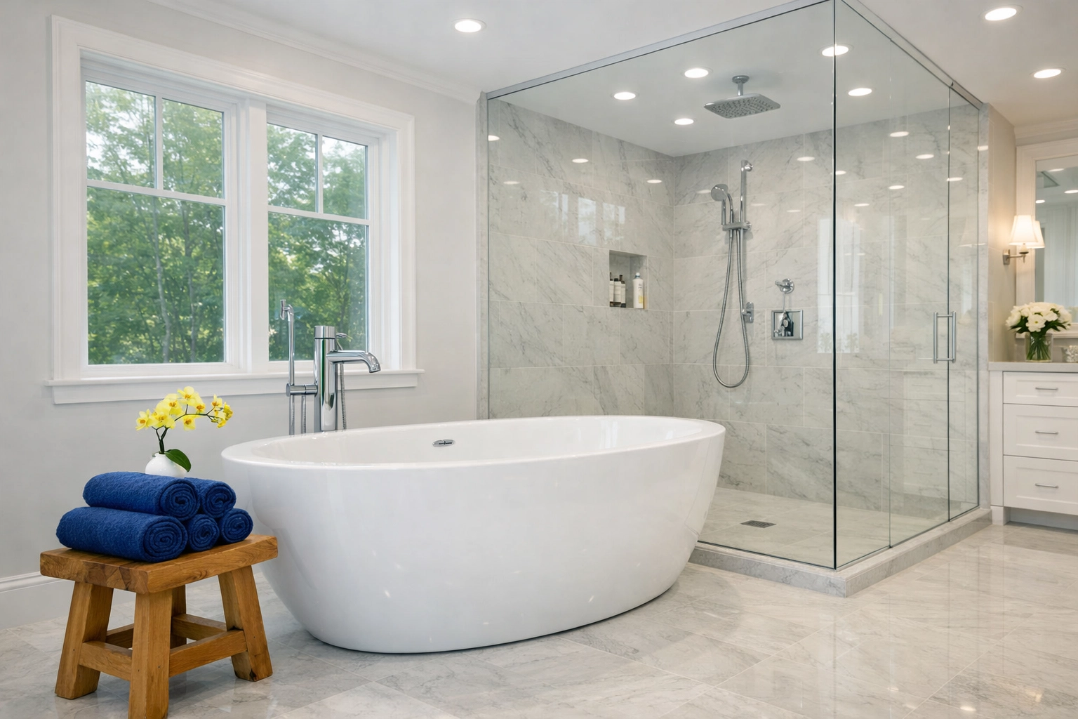 Immaculate spa-like master bathroom reflecting high-end residential cleaning Massachusetts for Dover residents.