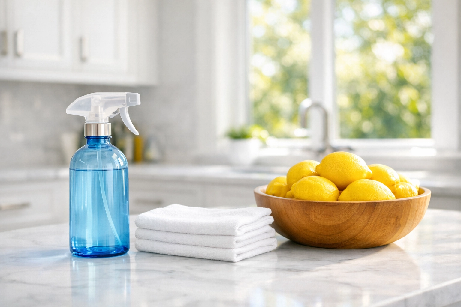 Eco-friendly house cleaning Natick supplies on a bright, modern kitchen marble island.