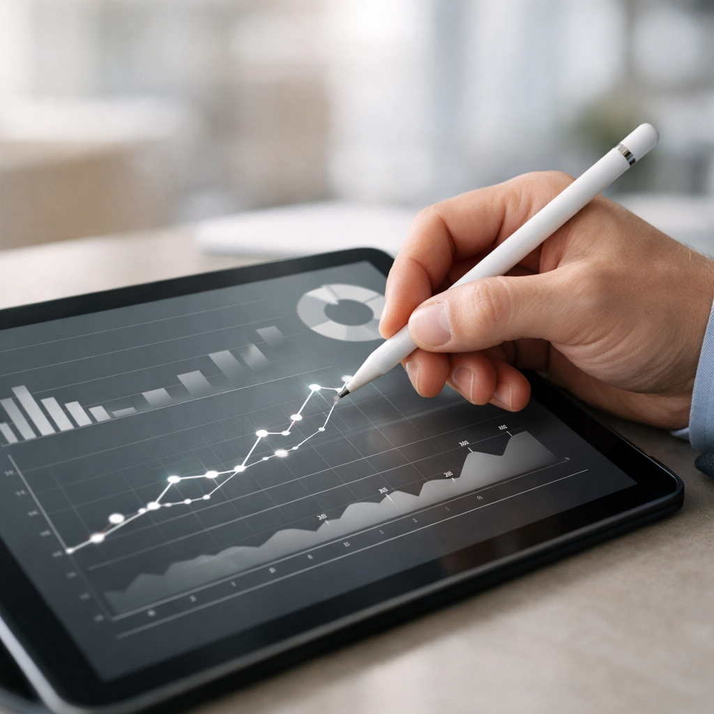 Professional stylus pointing to business valuation growth charts on a tablet for an exit strategy.