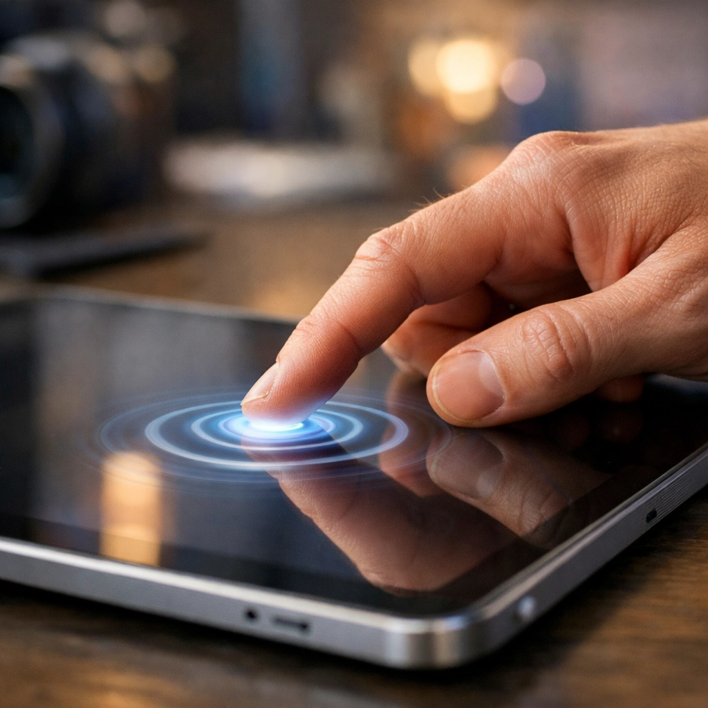 Close-up of a person using a tablet to demonstrate responsive web design services and micro-interactions.
