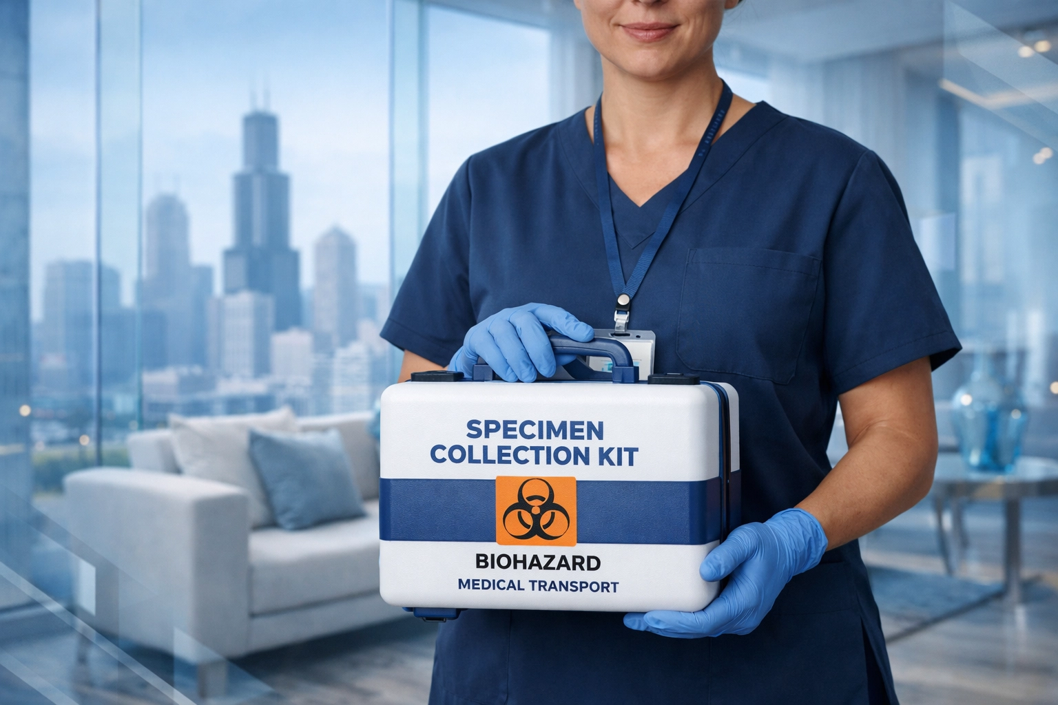 Professional RN holding a mobile DNA testing collection kit in a modern Chicago apartment.
