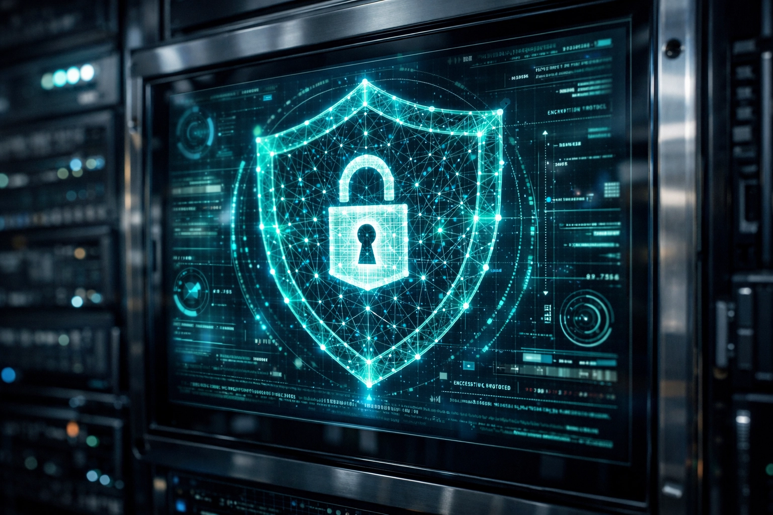 Advanced cybersecurity dashboard displaying a digital shield for proactive network security and monitoring.