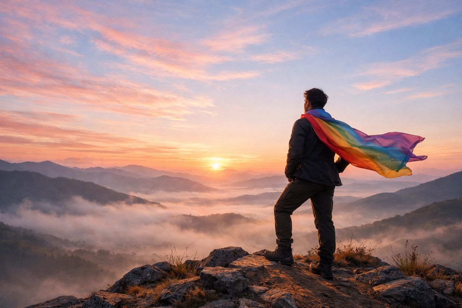 A person with a rainbow scarf on a hilltop at dawn, representing a bright future and living authentically.