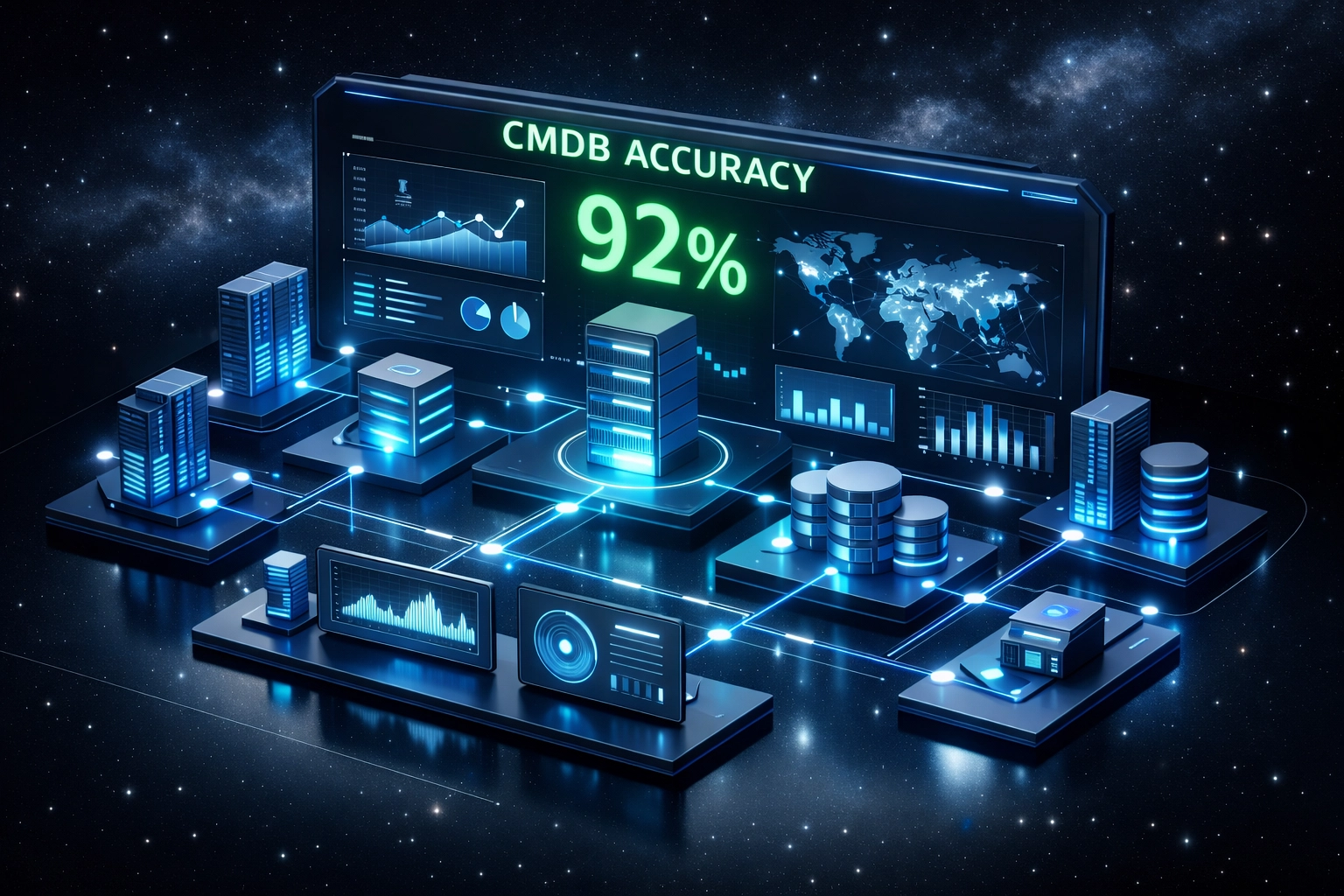 ServiceNow CMDB dashboard showing 92% accuracy metrics and ITOM infrastructure network connections
