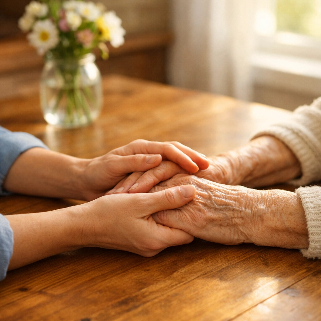 Adult daughter holding elderly mother's hands showing family connection strengthened by respite care
