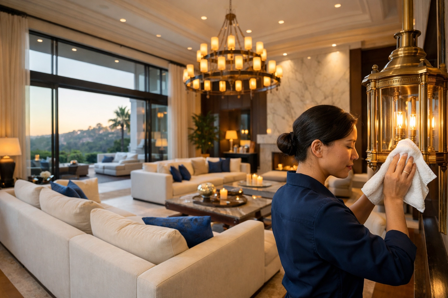 Professional cleaner performing luxury house cleaning in Beverly on high-end estate light fixtures.