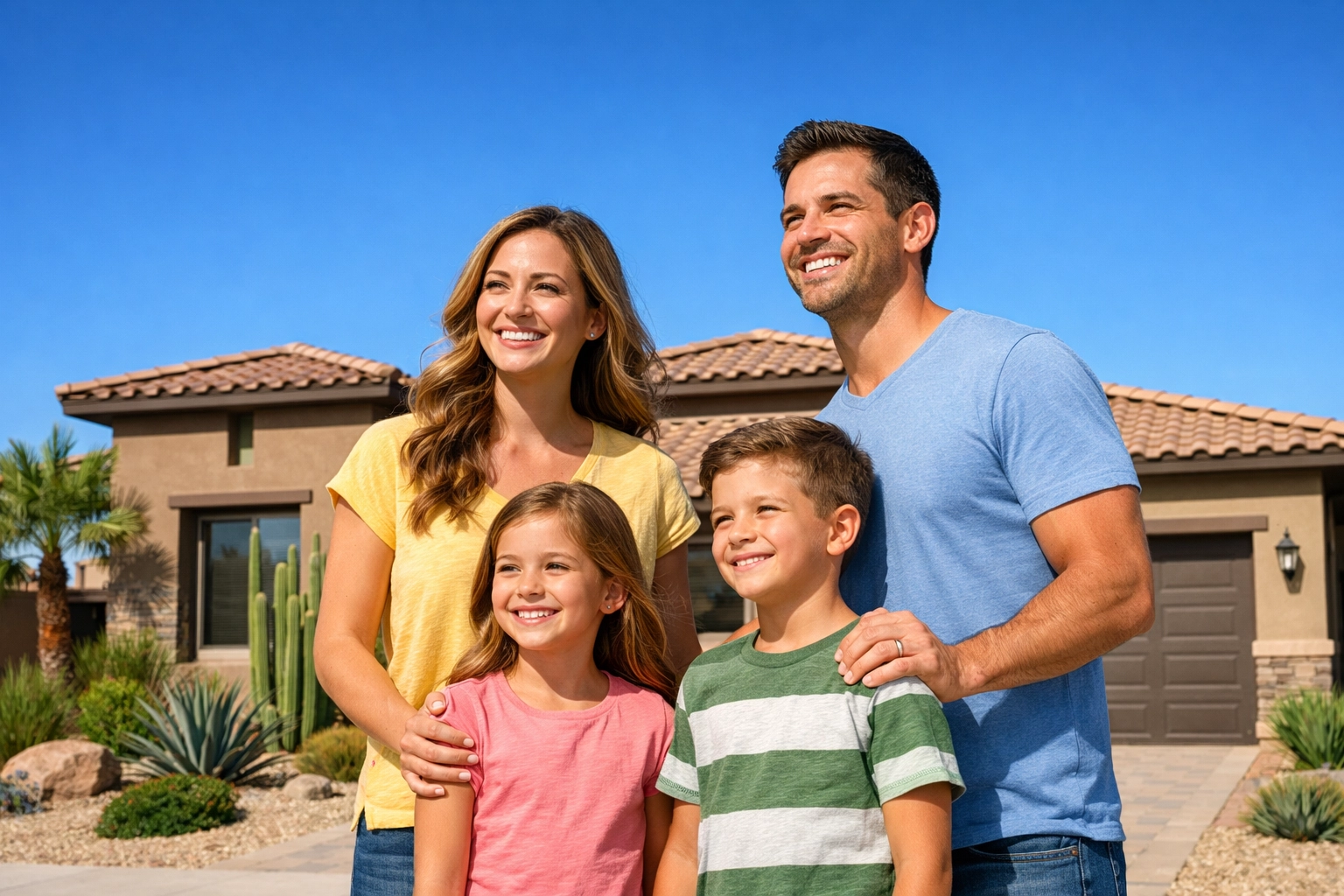 A smiling family in front of a modern Surprise Arizona home, symbolizing a successful move and fresh start.