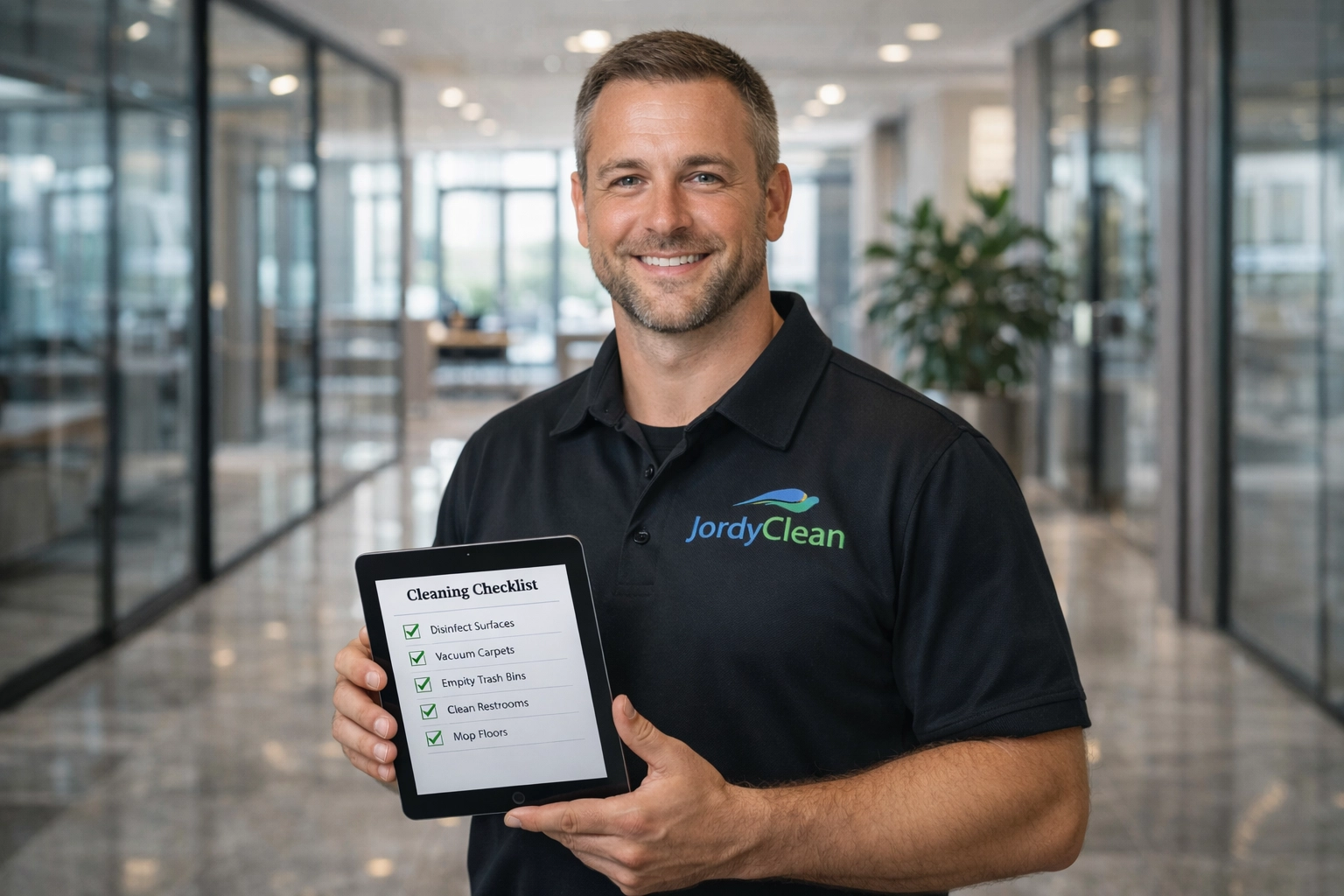 Professional B2B commercial cleaning specialist using a digital checklist for quality control in a Montvale NJ office.