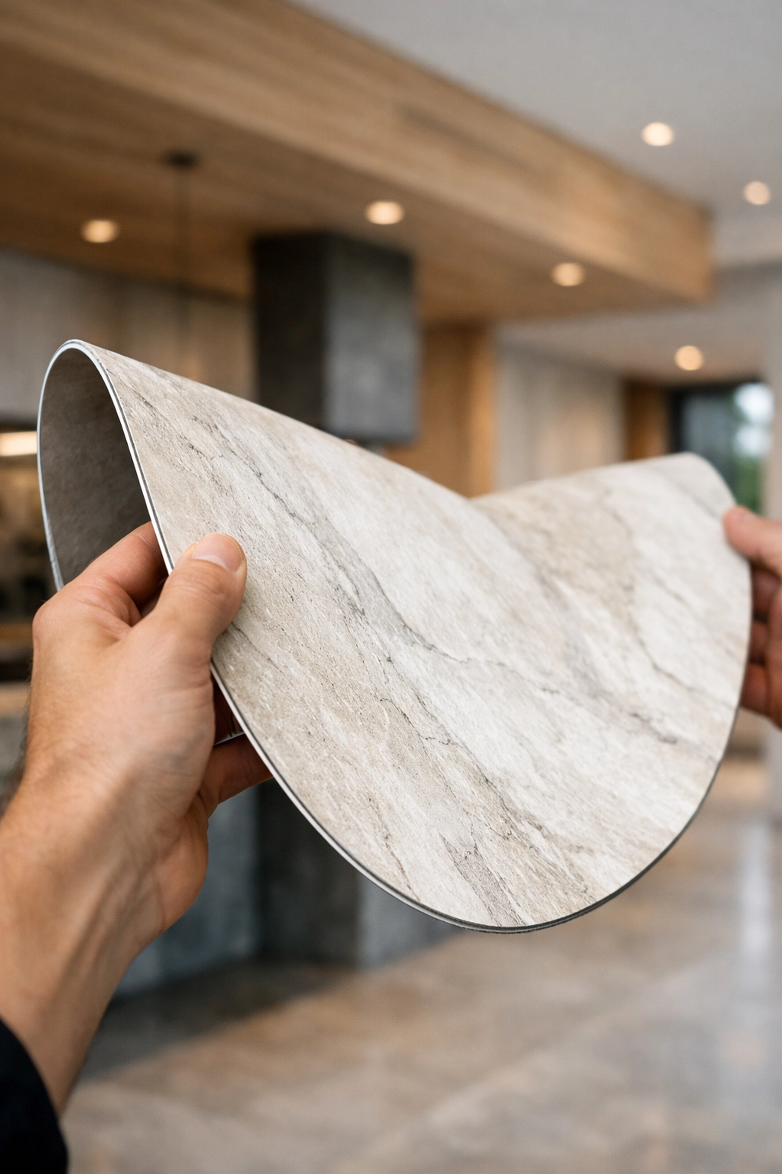 Architecte pliant un panneau de pierre naturelle flexible léger Stone White pour démontrer la flexibilité du matériau.