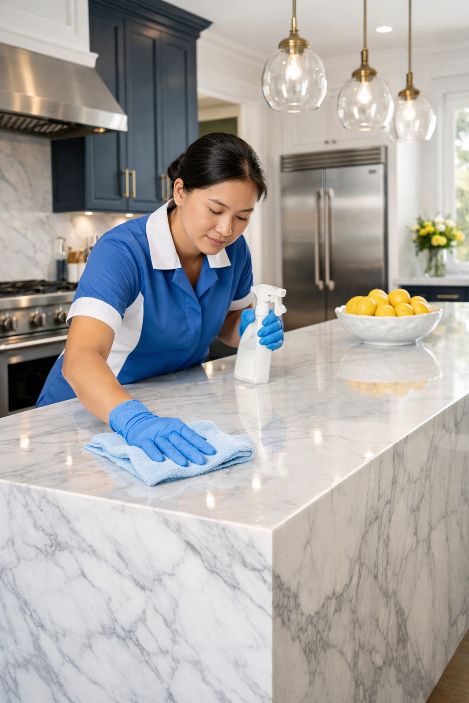 Professional cleaner wiping a marble kitchen island during a post-construction cleaning in Massachusetts.