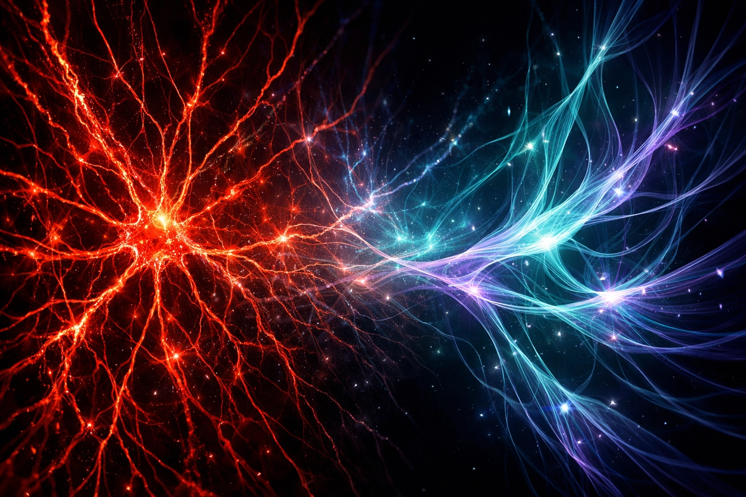 Neural pathways transitioning from chaotic survival mode to regulated calm for healing.