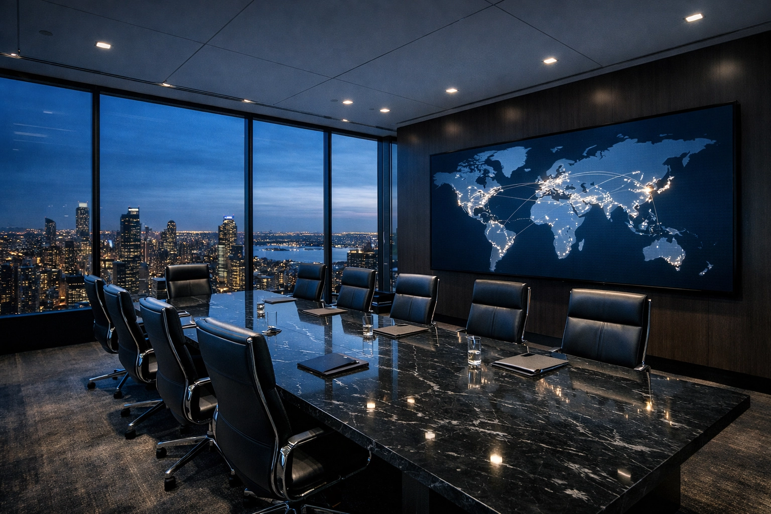 Executive boardroom with a global map illustrating Dakdan Worldwide’s strategic reach in large-scale advertising.