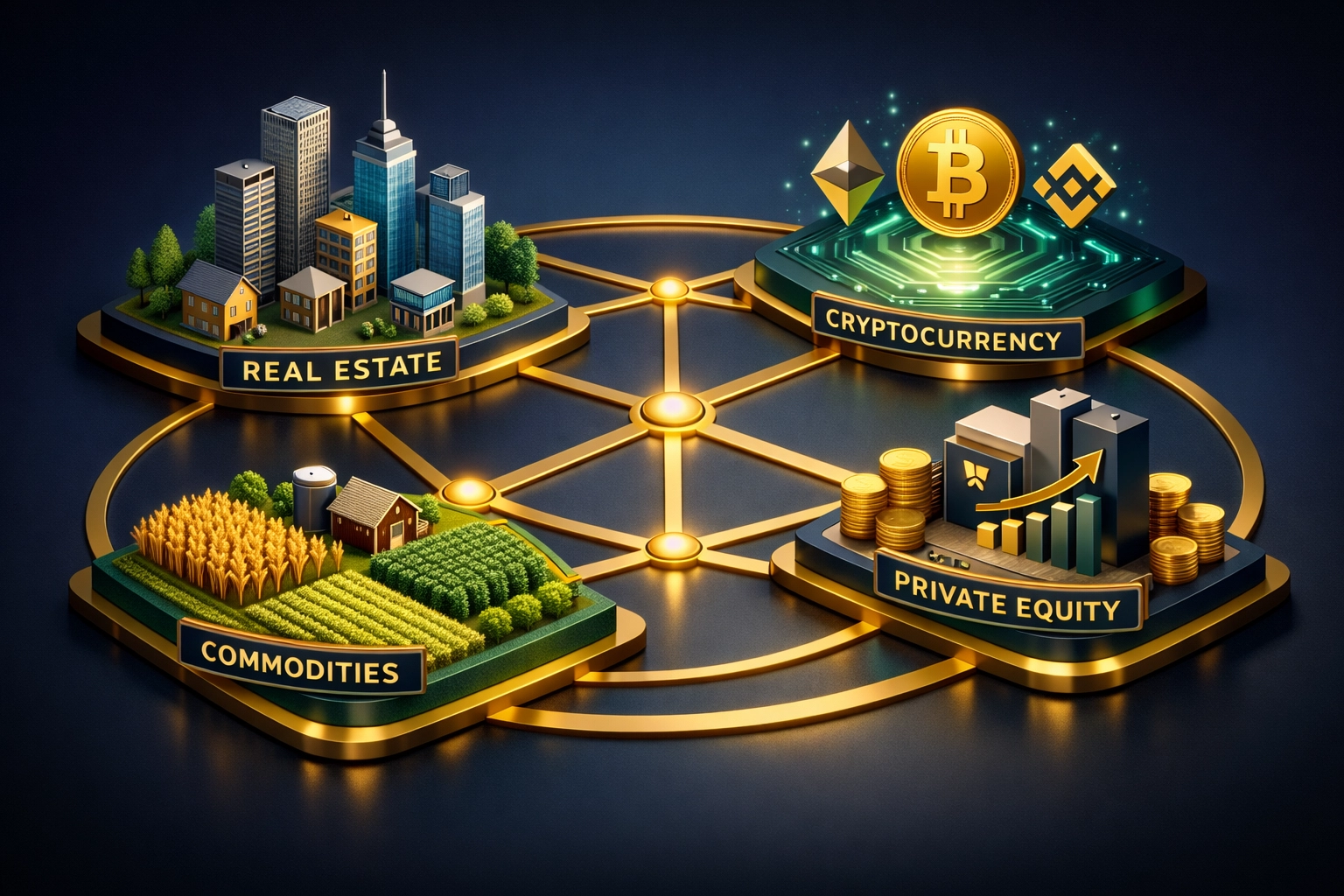 Diversified portfolio landscape showing multiple alternative asset classes interconnected