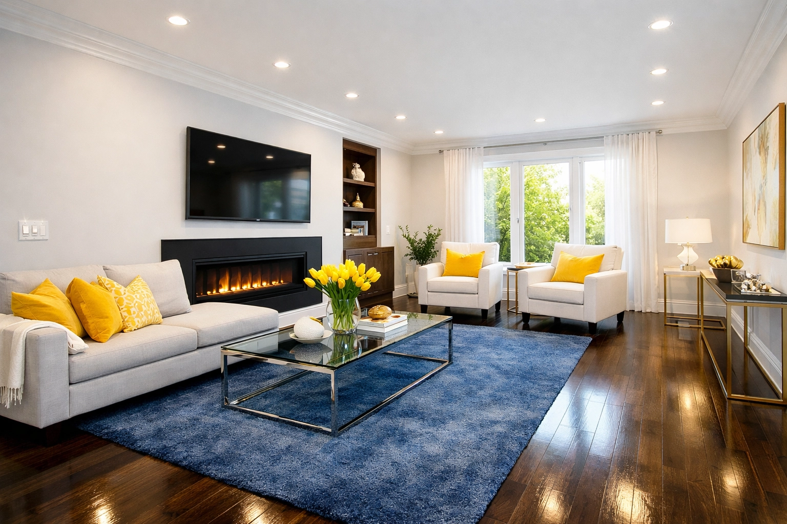 A spotless modern living room featuring clean outlets and floors after a professional deep clean.