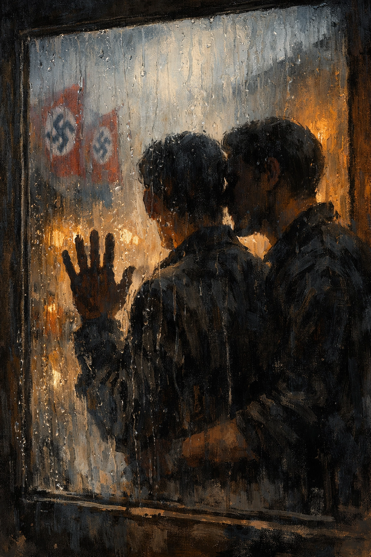 Silhouettes of gay lovers behind window in Nazi-occupied Paris during WWII