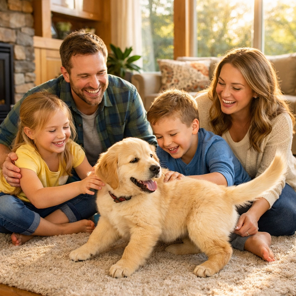 Happy Oregon family with healthy Golden Retriever puppy at home