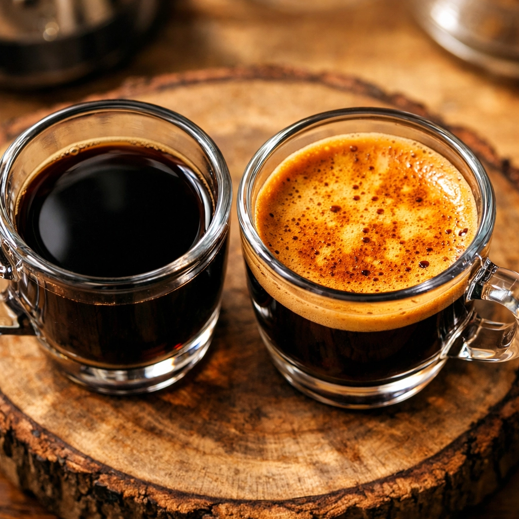 Two espresso shots comparing thick golden tiger-stripe crema from fresh beans with a stale flat pour.