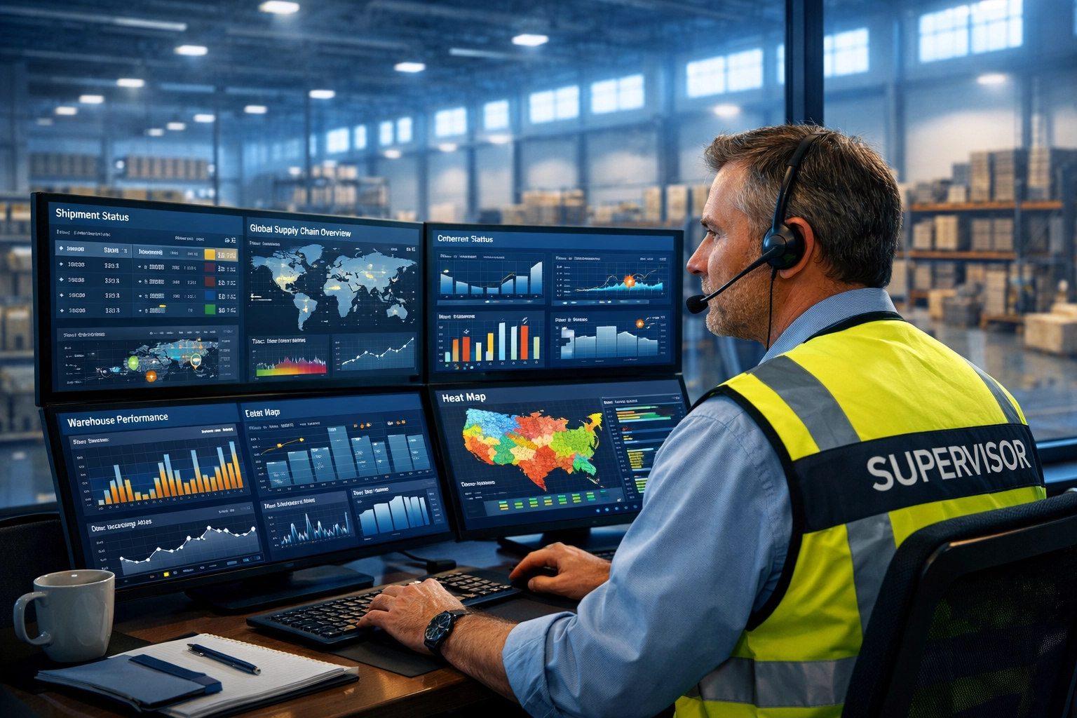 Logistics supervisor monitoring data dashboards in a modern warehouse command center for 3PL services.