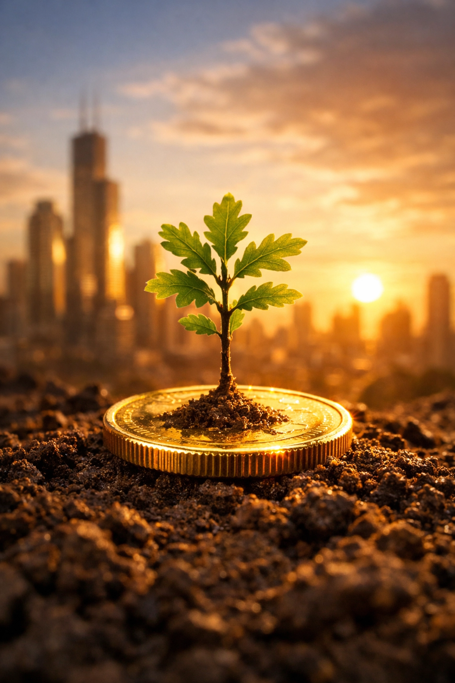 A green sapling growing from a gold coin, illustrating long-term wealth building from small initial investments.