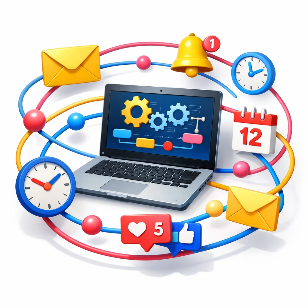 Marketing automation workflow showing email sequences and social media scheduling for digital stores
