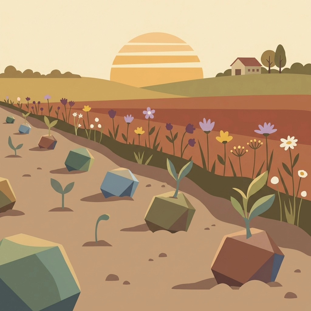 Wildflower seed bombs pressed into bare farm soil at field edge, with young native wildflowers beginning to sprout