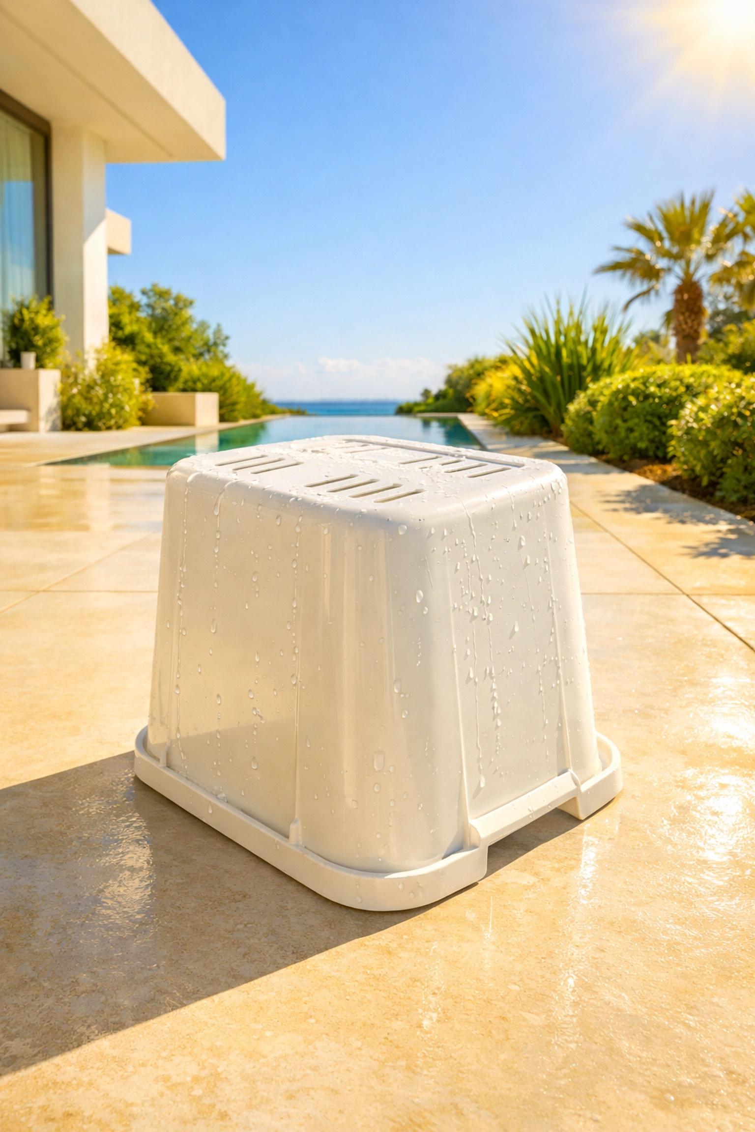 A clean kitchen trash can drying upside down in bright sunlight on a patio to eliminate bacteria naturally.