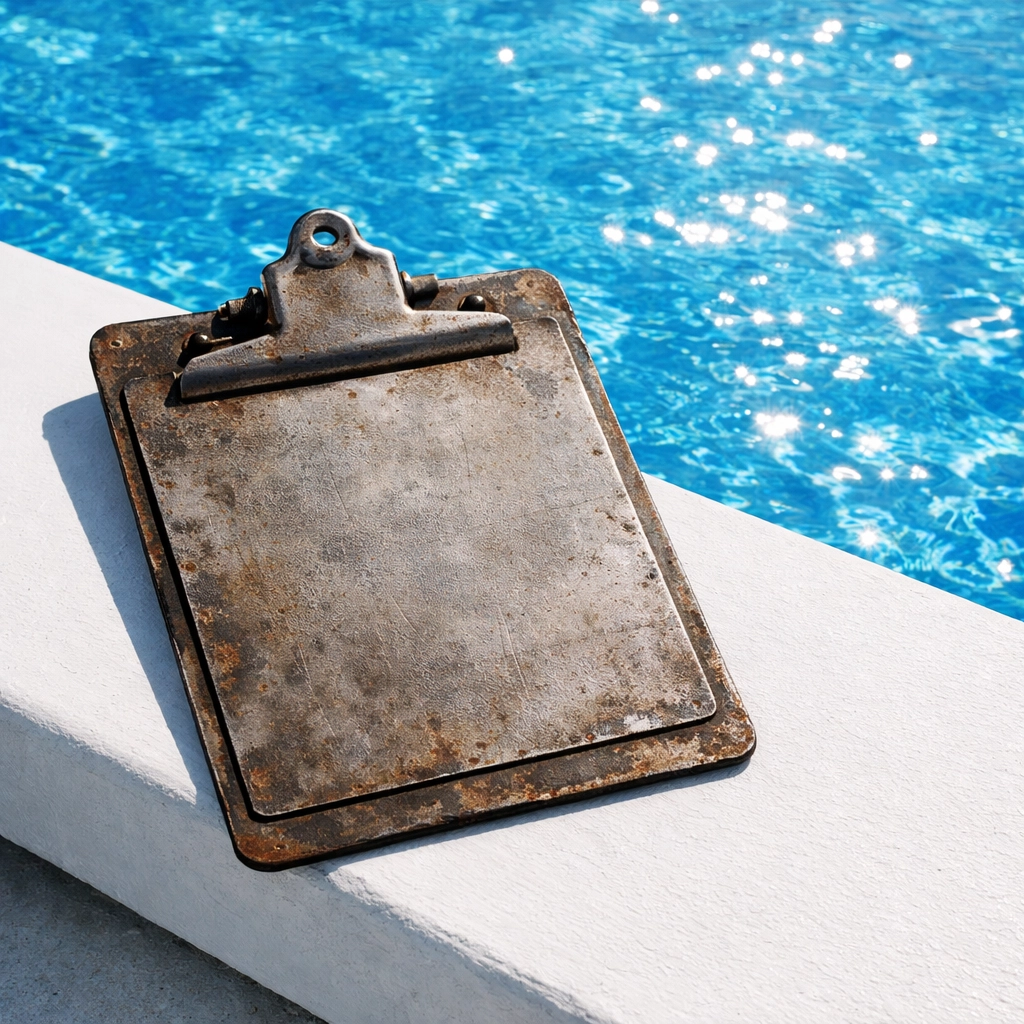 Metal clipboard on a pool ledge, representing the legal risks when you sell my pool route alone.